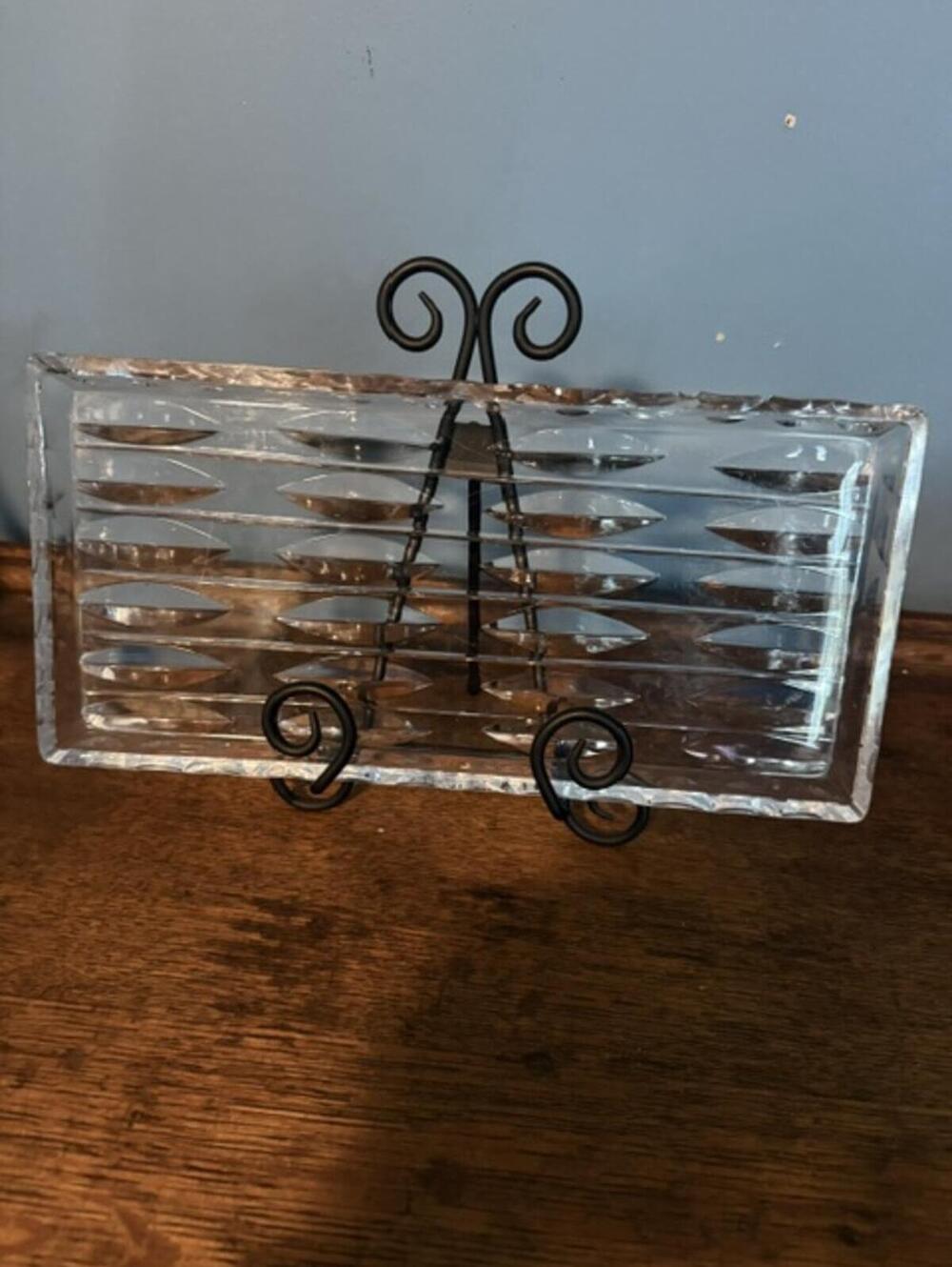 Vintage Clear Glass Decorative Tray with Geometric Pattern